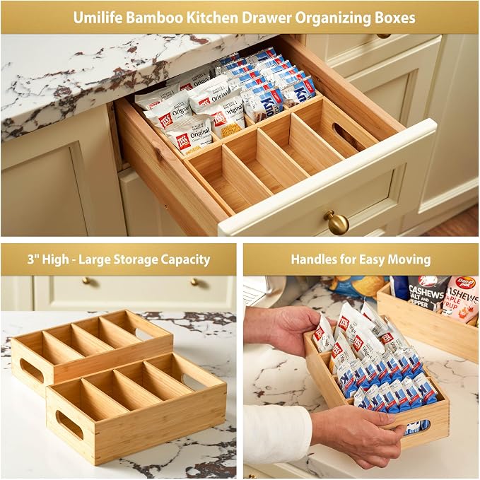 Umilife Large Bamboo Pantry Organizers and Storage Bins with Removable Dividers, Kitchen Drawer Cabinet Countertop Organization for Snack, Spice Packets, Teabags, Seasoning Pouches (2 Pack)