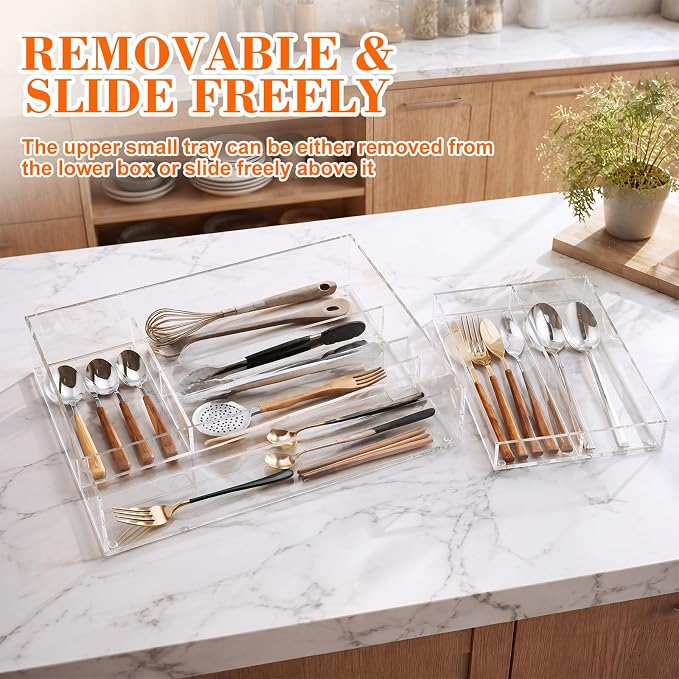 2 Layer Acrylic Deep Kitchen Utensil Drawer Organizer for Flatware Utensils | Clear Silverware Drawer Organizer with Removable Flatware Tray, Kitchen Utensil Tray for Cutlery, Chopsticks, Spoons, Forks