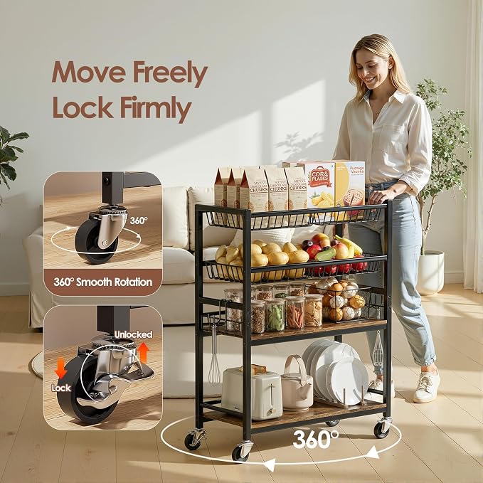 Fruit Vegetable Storage Cart, 4 Detachable Basket | 4-Tier Kitchen Rolling Storage Cart, Fruit & Vegetables Stand, Snack Organizer for Kitchen, Bathroom, Living Room