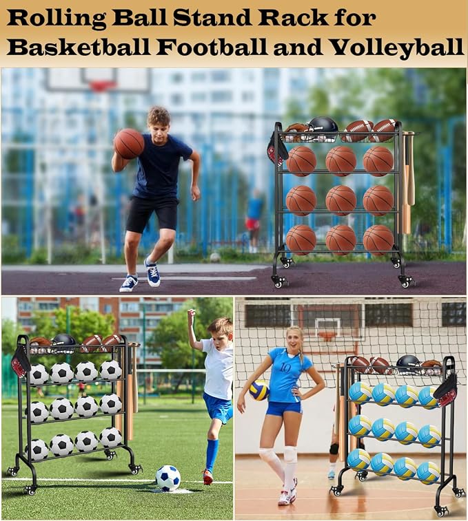Basketball Racks Holder for Balls with Wheels, Rolling Metal Sports Equipment Storage Stand Organizer with Baskets and Hooks for Basketballs Footballs Volleyball, Black