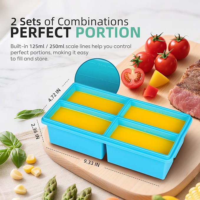 Silicone Freezer Molds for Soup with Lid - 1 Cup Capacity Soup Freezer Container, Large Ice Cube Mold - With Reinforced Steel Ring Top Lid, Oven and Dishwasher Safe, Freeze and Store Food - 2-Pack