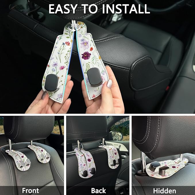 Blusabaca 2PCS Car Seat Headrest Hooks, Purses Bags Holder, Flowers Floral | PU Leather, Double Metal Back Storage Hangers for Grocery Bags Handbags Bottles Coats Phones, Car Accessories Organization