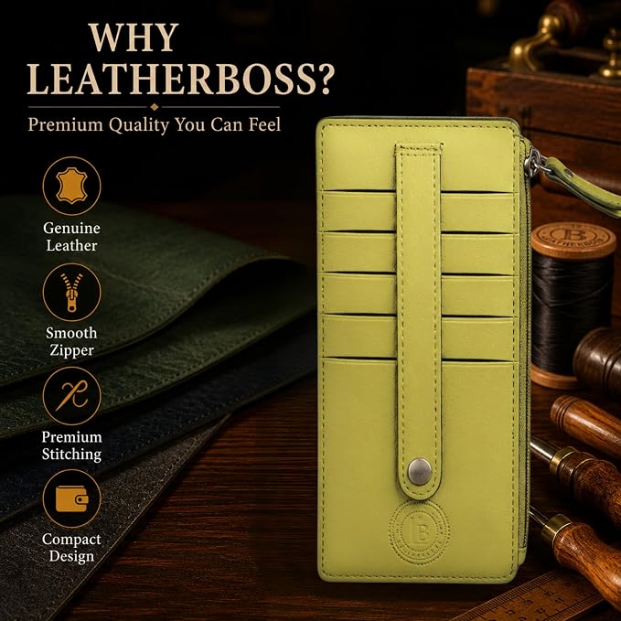 Leatherboss Genuine Leather Women's All in One Credit Business Card Case Holder Slim Zipper Wallet With a Card Protection Strap, Lemon