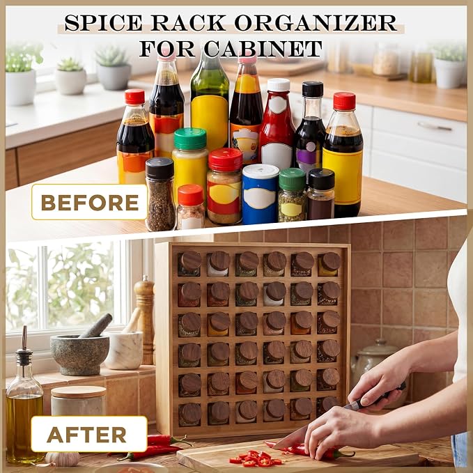 Novabright 36 Grids Bamboo Spice Rack Organizer, Wooden Spice Rack Wall Mount with Square Compartments, Wood Hanging Shelf for 4 oz Glass Jar Drawer Cabinet Kitchen Countertop Wall, Jars Not Included