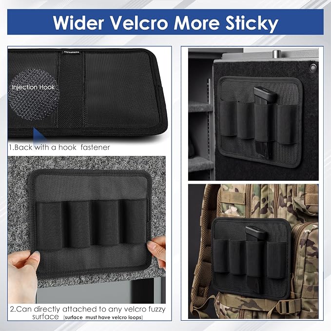 4-Row Pistol Magazine Pouch with Strong Magnet, Two-Way Mount Mag Pouch | Elastic Gun Magazine Holster for Most Mag Size, Durable Oxford for Gun Safe Door Organizer, Daily Storage or Outside Carry