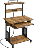 Topeakmart 3 Tiers Rolling Computer Desk with Power Outlet and USB Ports for Space Saving, Home Office Desk with Keyboard Tray and Printer Shelf on Wheels, Laptop PC Workstation Table, Rustic Brown