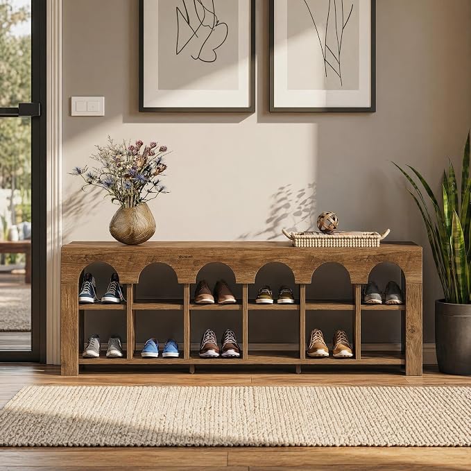 63" Entryway Bench with Shoe Storage, Farmhouse Bench with 12 Cubbies | Stores 12 Pairs, Slim 11.8" Profile, Arched Cubby Design, Shoe Organizer, Ventilated Storage, Wood Bedroom Bench