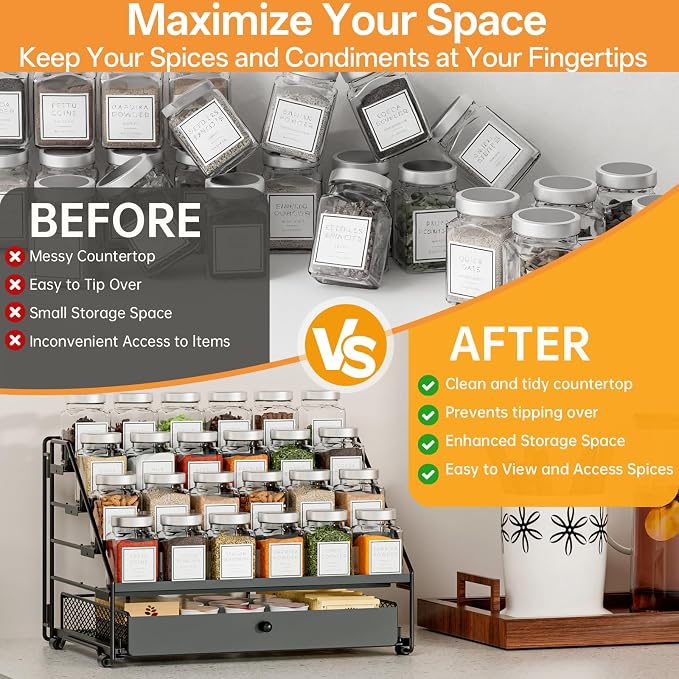 DTUQYX Spice Rack Organizer for Cabinet: 4 Tier Adjustable Spice Rack Organization with Drawer, Depth Metal Shelf for Kitchen Countertop, Cupboard, Pantry, Holds Seasoning and Condiments (Black)