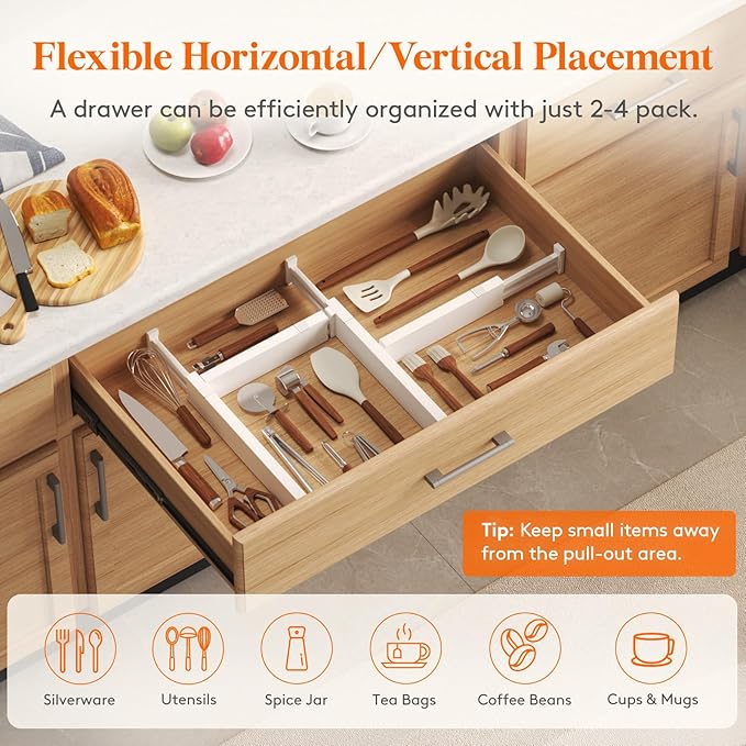 Lifewit 12 Pack 2.36" High Drawer Dividers 40-56cm/16-22 Adjustable Drawer Organizer for Clothes/Utensils, Expandable Drawer Separator in Dresser/Kitchen/Bedroom/Office Organization & Storage White