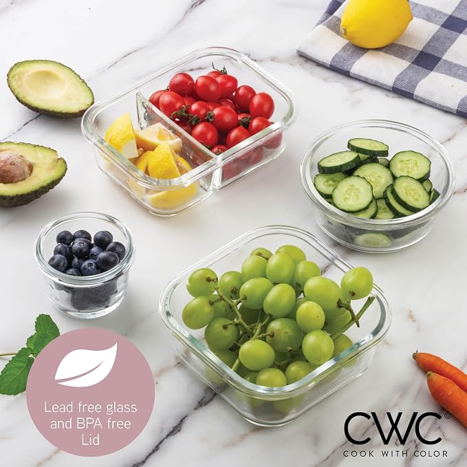 COOK WITH COLOR Premium 32-Pc. Borosilicate Glass Food Container Set with Dividers - 4 Rectangles, 8 Rounds, 4 Squares - Leakproof Lids - Meal Prep, Storage, Pink