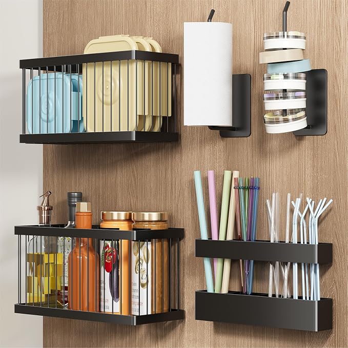Nieifi Adhesive Cabinet Door Organizer, 5 Pack, Black | Lid Organizers, Tumbler Lid Organizer and Straw Holder, Wall Mounted, Inside Cabinet Storage Boxes