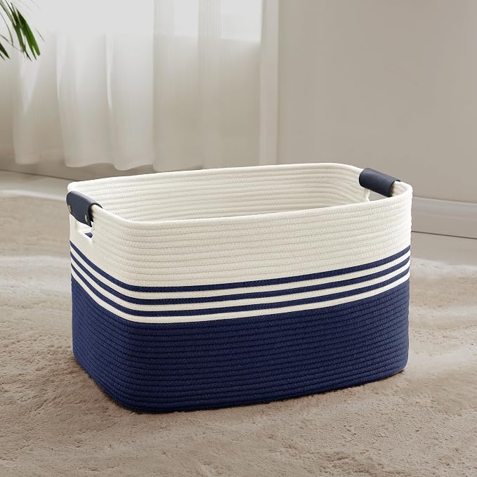 60L Woven Laundry Basket Hamper with Leather Handles,Navy | 21"x15"x11", collapsible wicker hamper, storage for dirty clothes, toys, blankets, gifts, living room, bedroom, bathroom