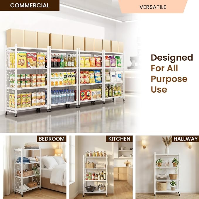 Our Modern Space 4-Tier Foldable Storage Shelf with Wheels | Metal Rack Collapsible Shelving Display | Rolling Cart for Books Kitchen Storage Shelves | Pantry & Closet Organizer | Office Room Decor
