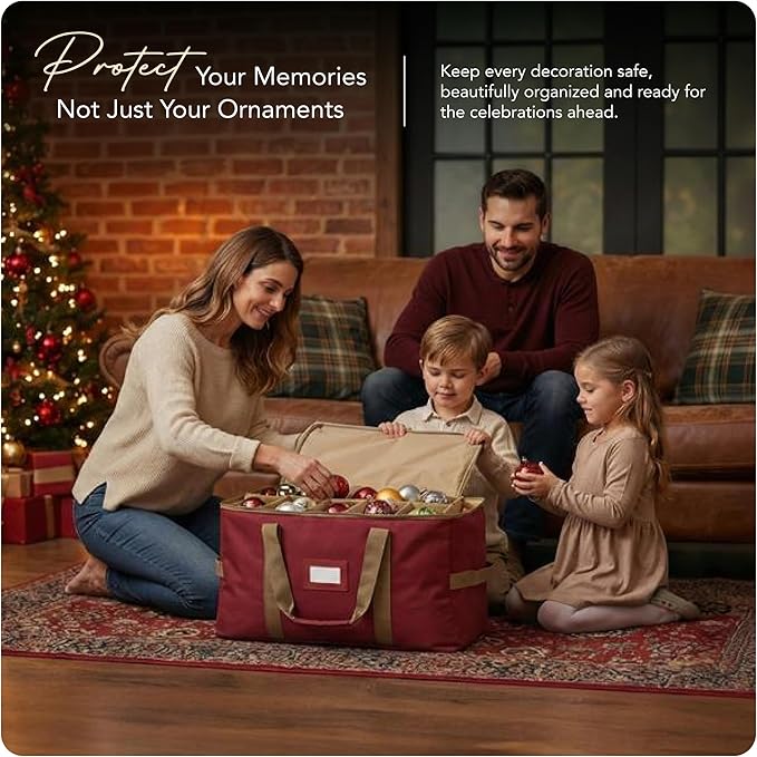 Covermates Keepsakes Adjustable Ornament Storage Bag – Heavy-Duty Polyester, Padded Dividers & FlexGrid Trays – Protective Holiday Ornament Organizer with Handles & Label Window, Red