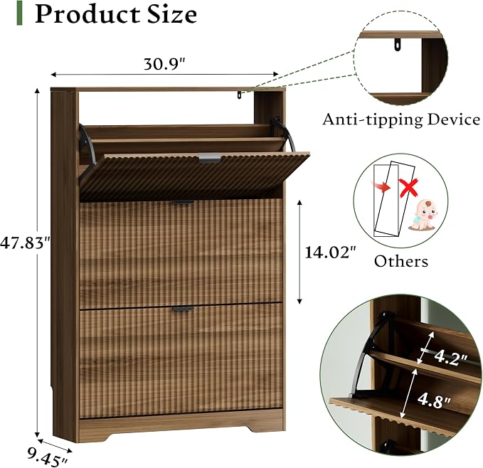 Xixini Shoe Storage Cabinet for Entryway with 3 Flip Drawers, Hidden Slim Wood Shoe Organizer with Modern Fluted Panel, Freestanding Narrow Shoe Rack for Front Door Entrance, Hallway, Foyer, Walnut