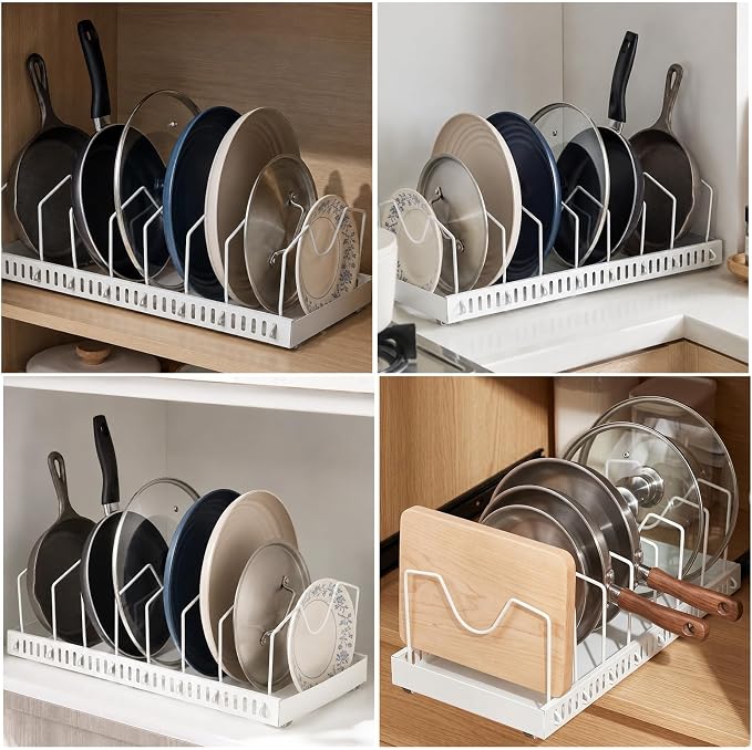 2 Pack Pull Out Pots And Pans Organizer Under Cabinet, Sliding Lid | Holder and Pan Rack, Slide Out Inside Cabinet Storage for Pot Lid Bakeware Dishes, 8 Adjustable Dividers, White