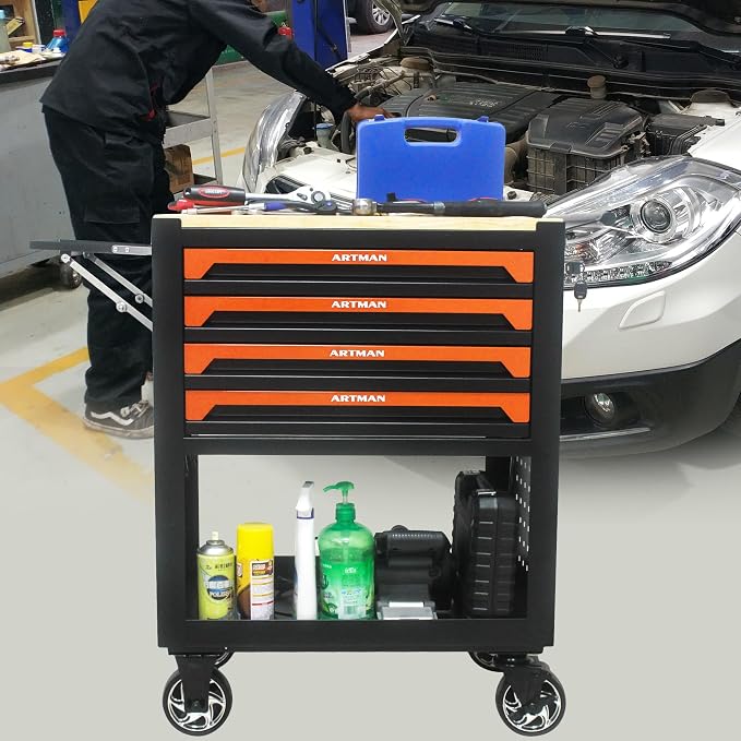 36" Tool Box with Wheels 4 Drawers Rolling Tool Cart, Wooden Top Workbench, 660lbs Total load Tool Cabinet with Locked Drawers Storage Organizer Cabinet for Garage, Warehouse, Repair Shop - Orange