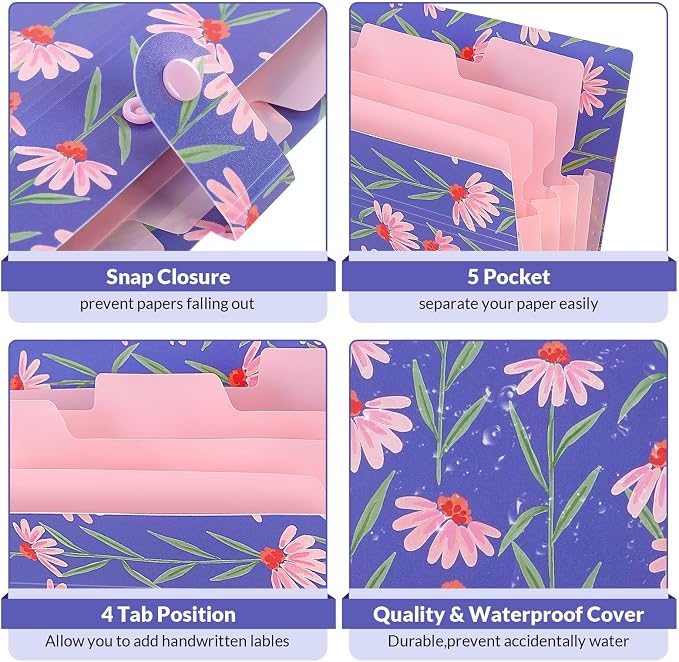 SKYDUE Accordion File Organizer, Floral Expanding File Folders with 5 Pockets, Cute Document Organizer for Paper Storage, School Office & Hospital Supplies Letter/A4 Size Periwinkle Blue