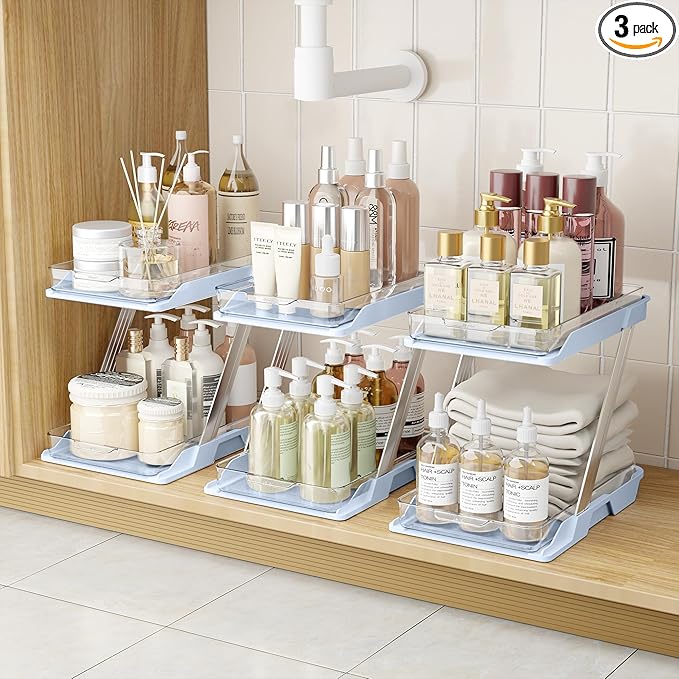 3 Pack Bathroom Organizers and Storage - Multi-Purpose,2-Tier Clear Pull Out Organization for Bathroom,Under Sink,Kitchen,Vanity,Countertop,Cabinet,Pantry & Medicine Cabinet,Blue
