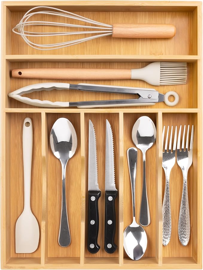 Utensil Organizer 13'' Silverware Drawer Organizer Cutlery Kitchen Bamboo | Natural Bamboo, 7 Compartment, Durable, Small Narrow Organizer, Silverware Tray, Utensil Holder, Silverware Drawer Organizer