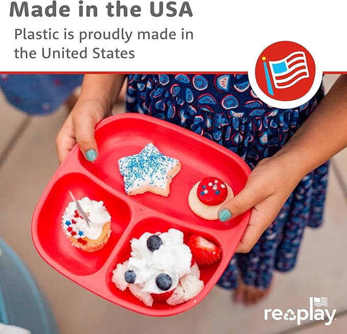 Re-Play Toddler Plates with Dividers - Deep-Walled 3 Compartments Divided Plates for Kids - Dishwasher & Microwave Safe - Made in USA - Set of 4-7.37" x 7.37" x 1.25" - Denim