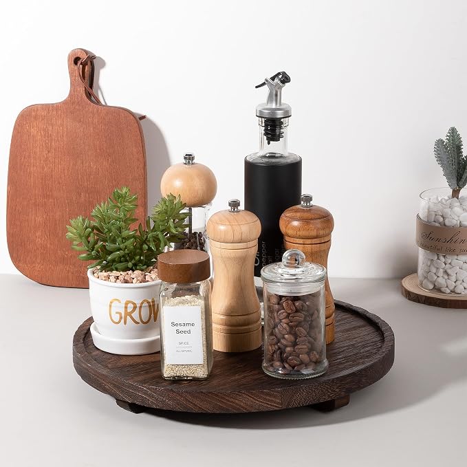Round Decorative Tray Farmhouse Kitchen Decor Soap Dish, 12" Bark Brown | Waterproof, Lightweight, Easy Clean, Wood Riser Pedestal Stand Accessories for Office Desk, Vanity, Counter, Sink