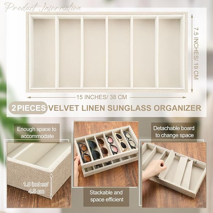 Juexica 2 Pcs Velvet Sunglasses Organizer Tray 6 Grid Sunglass Organizer Velvet Tray Stackable Glasses Display Case for Women Glasses Jewelry Display Watch (Linen)