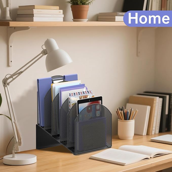 File Organizer for Desk, 5-Section Mesh Mail Holder, Black | Mesh file organizer for desk, mail organizer and folder holder for A4/letter papers, notebooks, binders and office supplies
