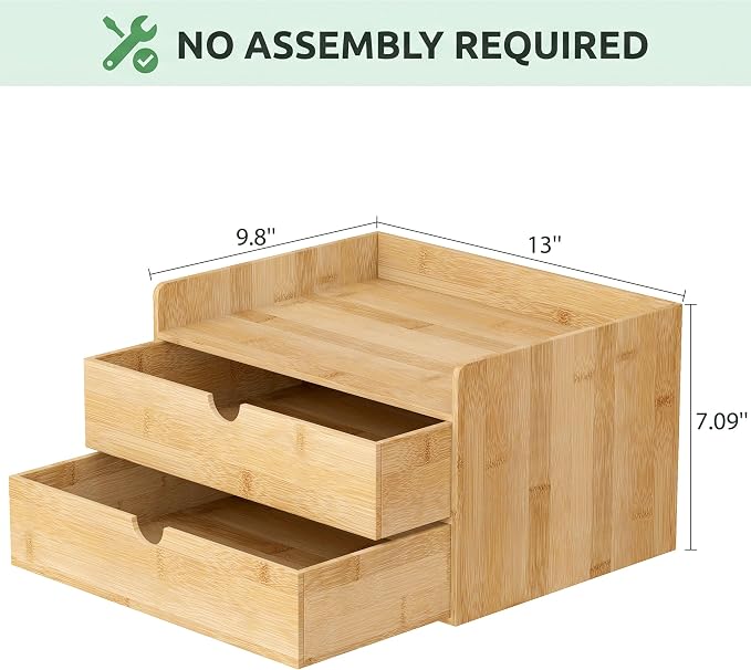Bamboo Desk Organizer with Drawers, Desktop Storage for Office Supplies | 2 Drawers Desktop organizer, No Assembly Required, Natural Wood Wooden Desktop Drawers Box for Bills, Cosmetics, Seals, Paper