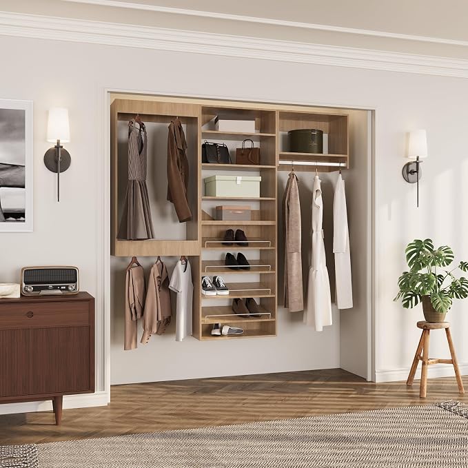 ROOMTEC Modular Closet System, 72" Wall Mounted Modern Closet Organizer with Hanging Rods and Shoe Shelf, Wooden Tower for Walk-In Closets, Wardrobe Storage Kit, Wood