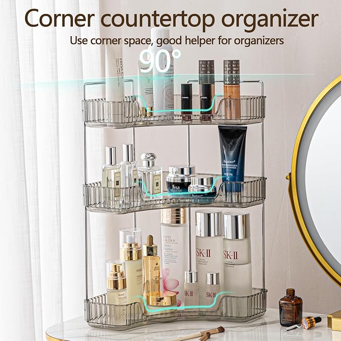 shuang qing 3-Tier Corner Bathroom Counter Organizer – Classic Storage Shelf for Makeup, Perfume & Toiletries, Space-Saving Countertop Tray Fits Bathroom, Dresser, Kitchen (Slate Gray)