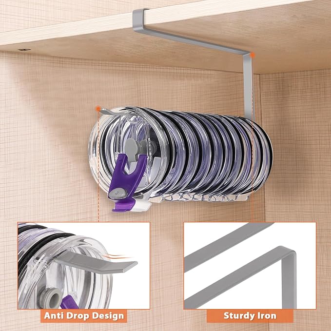 2 Pack Tumbler Lid Organizer, Versatile Tumbler Storage Holds 20 Lids Grey | Space Saving Cup Lid Organizers Inside Cabinet Tumbler Lid Hook for Kitchen Organizer and Storage, Paper Towel Rack Hanger