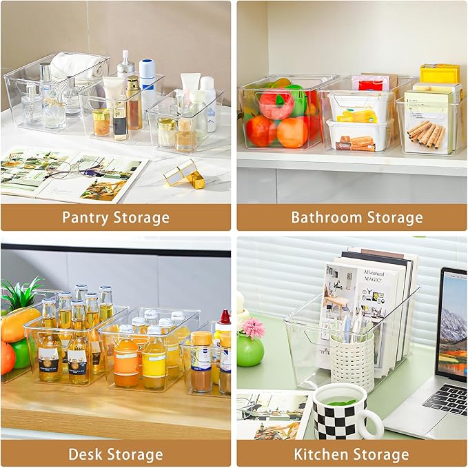 Freebat 12 Pack Organizers and Storage, Pantry Organization and Storage Bins, Cabinet Organizer, Clear Plastic Storage Containers with Handle，Acrylic Storage Bins (4 Small&4 Middle&4 Large