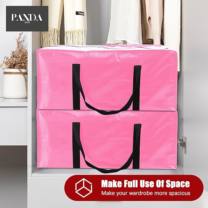PANDA JOYS 12 Pack Extra Large Moving Bags with Zippers & Carrying Handles, Heavy-Duty Storage Tote for Space Saving Moving Storage, Fold Flat, Alternative to Box and Bin,Pink