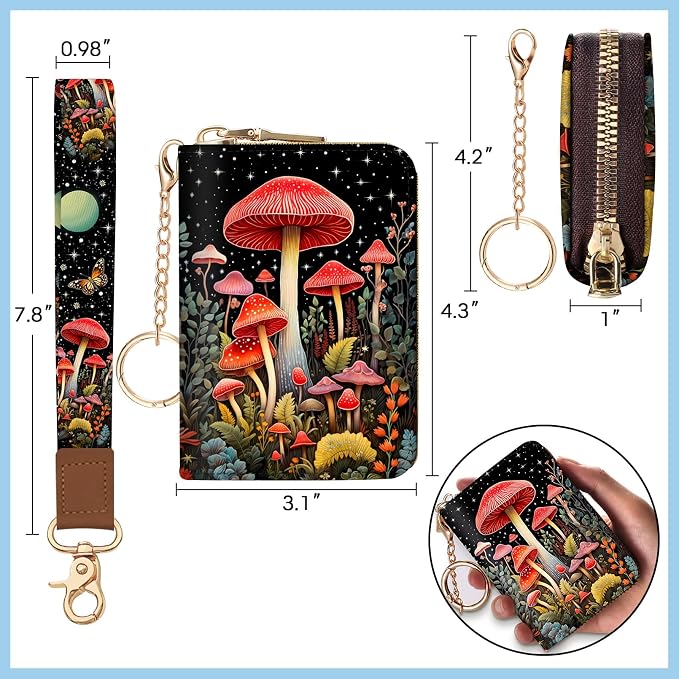 Blusabaca Women Credit Card Holder, Small RFID Wallet with Wristlet Strap | Mushroom, Removable Keychain, Case Zipper, PU Leather, Cash Coin Pocket, Business Purse with Key Lanyard, Ladies Female Gift