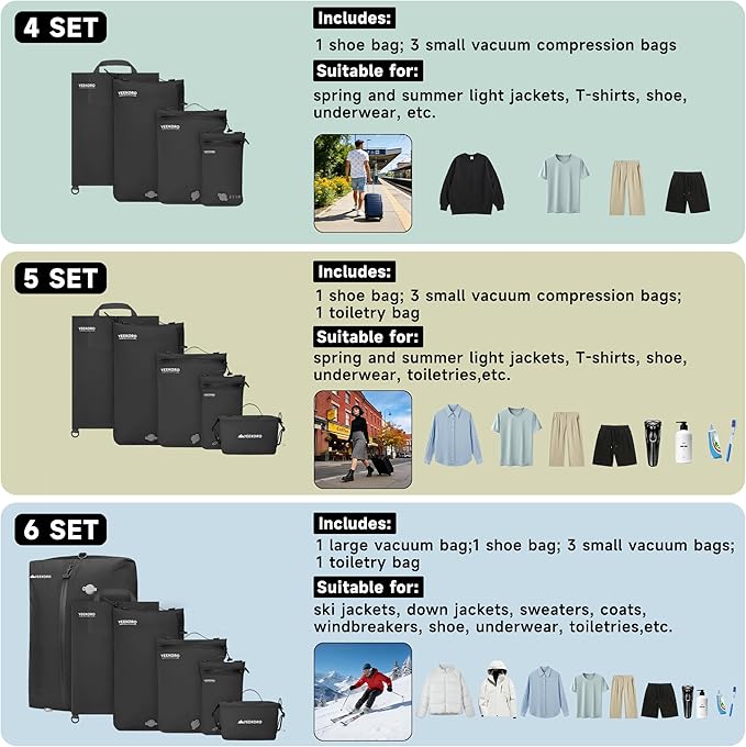 5 Set Vacuum Bags for Travel, Professional IPX8 Reusable Organizer, Compression Packing cube for Suitcases, Durable Seal Space Saver Bags -Traveling Essentials (Black with Pump)