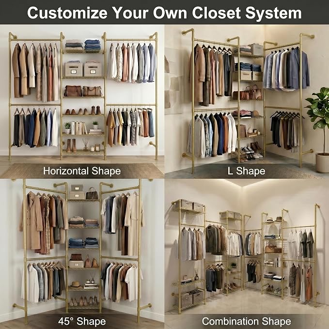 F3 Wall Mounted Closet System, Industrial Pipe Clothing Rack for Hanging Clothes, Heavy Duty Closet Organizer System, Clothes Racks with Shelves & Expandable Rod for Wardrobe, Corner, Gold