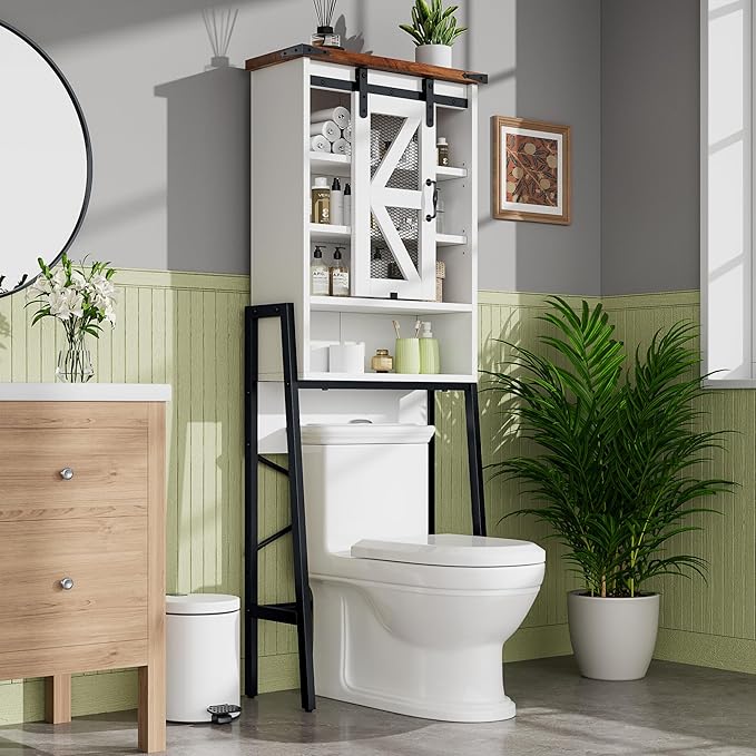 kepptory Over The Toilet Storage Cabinet, Above Toilet Storage Cabinet with Adjustable Shelves and Barn Door, Farmhouse Behind Toilet Bathroom Organizer for Bathroom, Laundry Room, Off-White