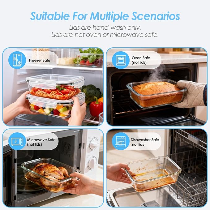 2 Pack 78 Oz / 9.8 Cups Large Glass Food Storage Containers with Lids, Borosilicate Glass Meal Prep & Baking Containers, Airtight Leakproof, Microwave Oven Freezer Dishwasher Safe, BPA Free