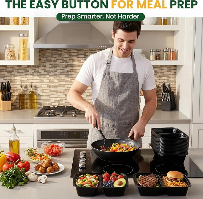 50 Pack 28oz Meal Prep Containers with Lids 2-Compartment, To Go Take Out Plastic Food Storage Containers with Lids Reusable, Leakproof Food Safe, Microwave Freezer Dishwasher Safe, Black