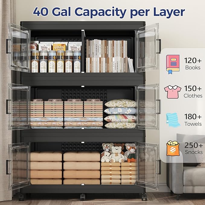 120GAL Storage Bins with Lid and Wheels, Stackable Closet Organizers and Storage Drawer, Collapsible Storage Box with Dividers, Foldable Plastic Cabinets for Room, Kitchen, 3 Pack Black