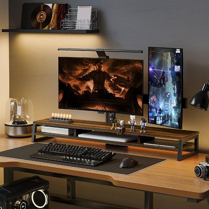 Fenge Dual Monitor Riser for Desk, Open Shelf with 3 Storage Compartments | 42.5in Computer Monitor Stand, 2-Tier Desk Shelf for Top of Desk,One-Piece Panel, fit Ultrawide Monitor, PC, Laptop, Brown