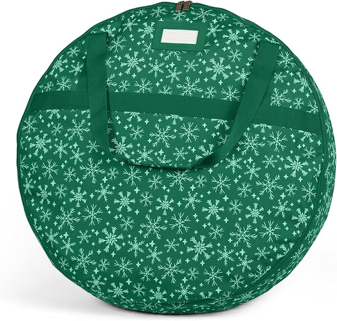 Covermates Keepsakes Wreath Storage Bag – Heavy-Duty Polyester with Buckle Straps & Interior Pouch – Protective Holiday Wreath Organizer with Handles, D-Ring & Label Window, Green Snowflake