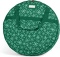 Covermates Keepsakes Wreath Storage Bag – Heavy-Duty Polyester with Buckle Straps & Interior Pouch – Protective Holiday Wreath Organizer with Handles, D-Ring & Label Window, Green Snowflake