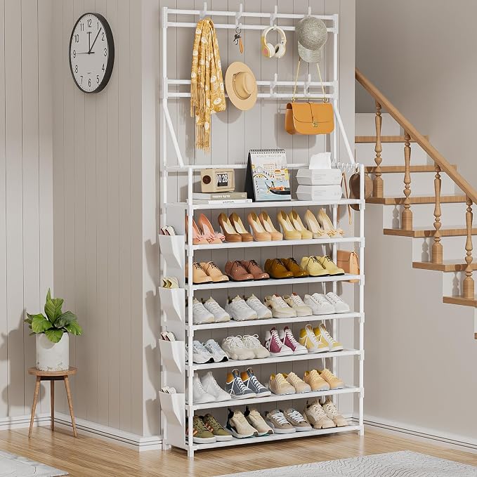 OYREL Shoe Rack 7 Tier Sturdy Shoe Racks Organizer for Closet | 28-35 Pairs Large Capacity Shoe Storage Rack with Multifunctional 5 Hooks and Side Pocket for Entrance Entryway