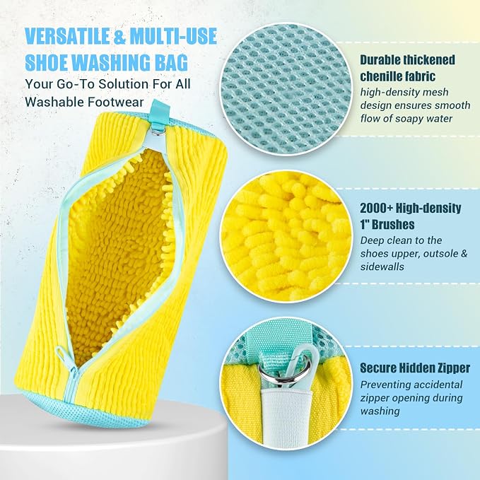 Shoe Washing Machine Bag, 2 PC Reusable XXL Shoes Laundry Bag for Washer & Dryer with Concealed Heavy-Duty Zipper to Protects Shoes & Machine, Cleaning Bag for Sneakers & Tennis Shoe(Yellow)