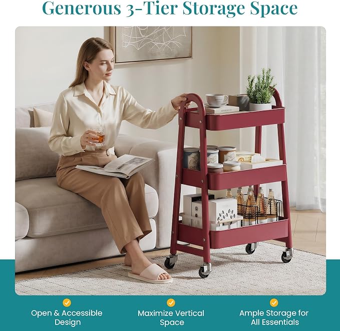 NEWBULIG 3-Tier Metal Rolling Cart with Lockable Wheels, Heavy Duty Mobile Utility Storage Shelf, Roller Book Snack Cart, Organization for Livingroom, Bathroom, Office, Red