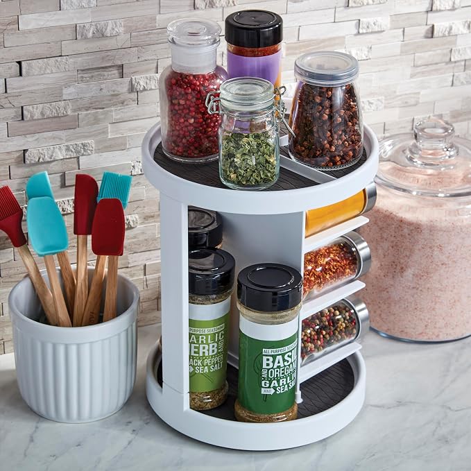 Copco 2-Tier Lazy Susan Turntable Organizer for Cabinet, Pantry, and Counter - Rotating Vitamin, Supplement, and Spice Storage with Nonslip Liner and Six Cradles