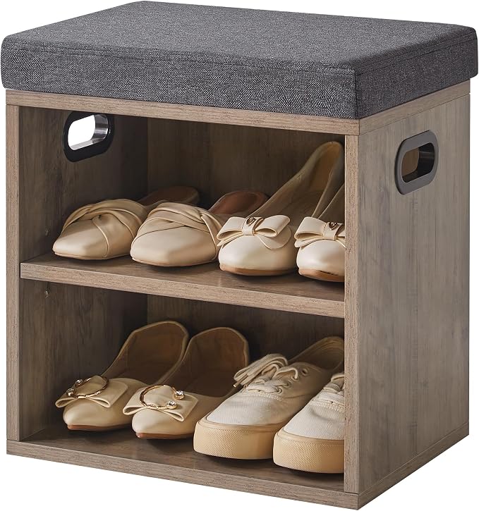 YMYNY Small Shoe Storage Bench with Cushion, Silver Gray, HBD028Y | 2 Tier Entryway Bench with Storage, Small Shoe Rack Bench with Adjustable Shelf for Entryway 11 x 15.3 x 16.5 Inches