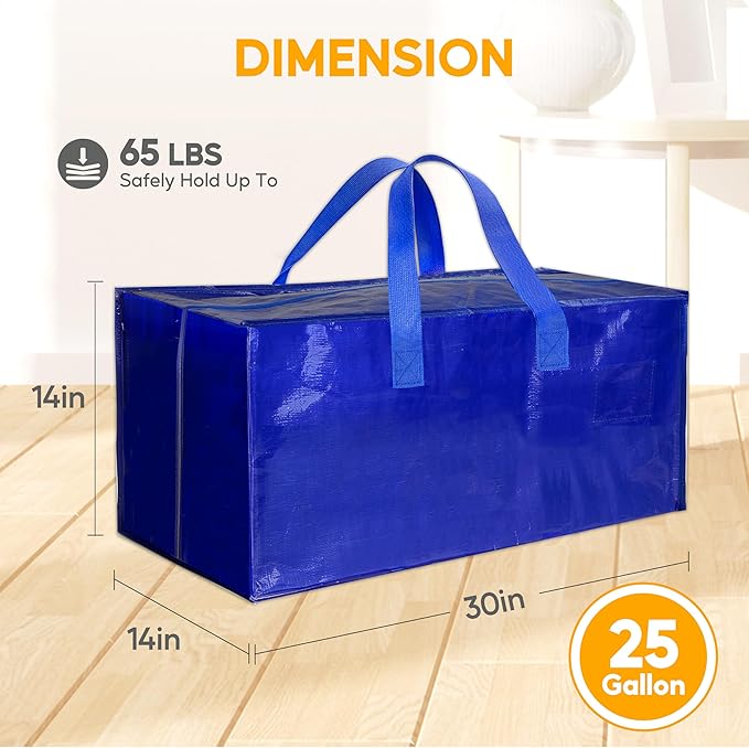 4 Pack Oversized Heavy Duty Moving Bags with Backpack Straps, Strong Handles & Zippers, Extra Large Storage Tote Moving Boxes for Space Saving, Blue
